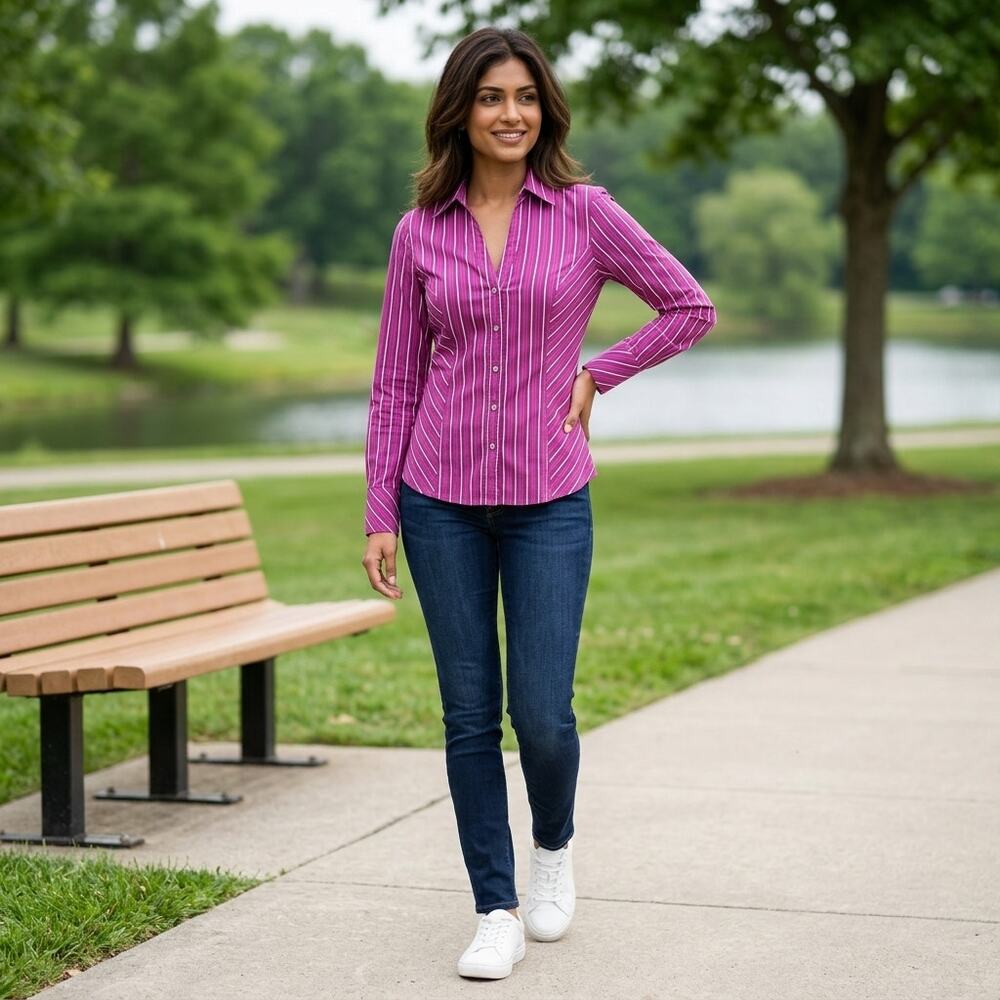 Express Design Studio Pink Striped Stretch Button-Up Shirt Women Size S